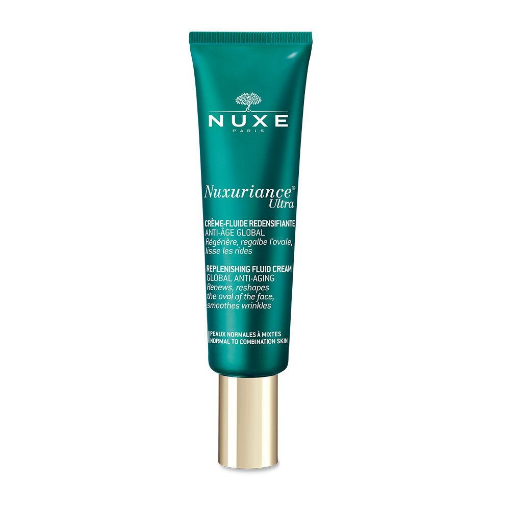Tube vert avec bouchon doré. Inscription: NUXE, Nuxuriance Ultra, Crème-Fluid. Texte en français et anglais.