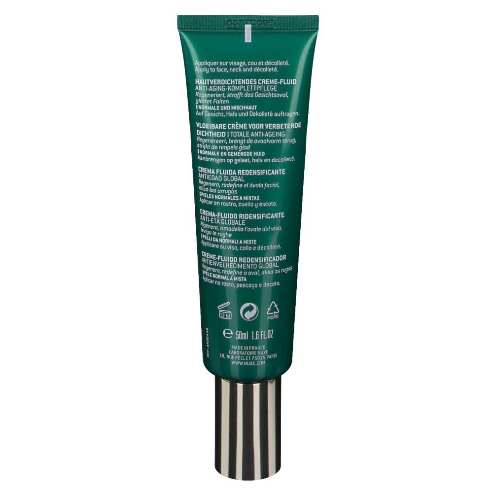 Dos d'un tube vert. Inscription: NUXE, Nuxuriance Ultra, Crème-Fluid. Texte en plusieurs langues. Fermeture dorée.