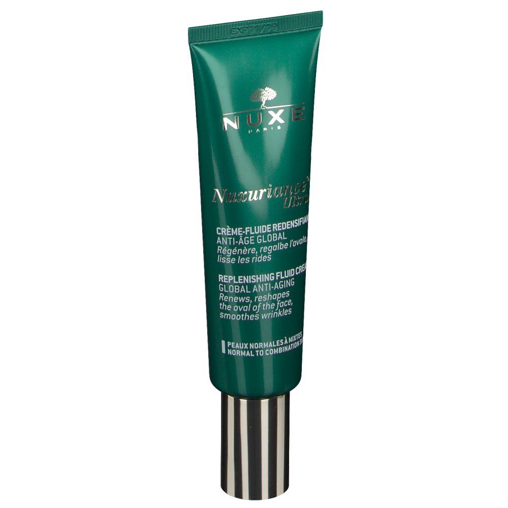 Tube vert avec bouchon doré. Inscription: NUXE, Nuxuriance Ultra, Crème-Fluid. Texte en français et anglais.