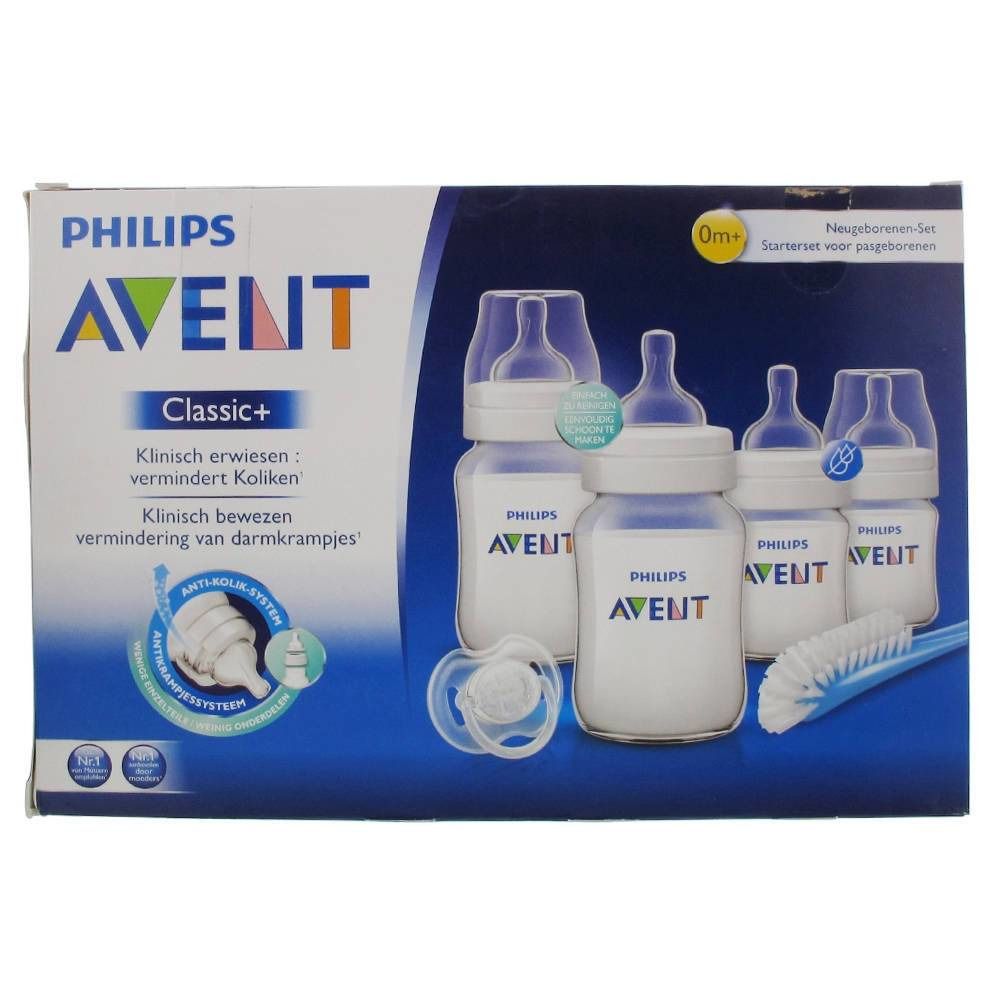 Verpakking met flessen, fopspeen en borstel. Opschrift: Philips Avent Classic+. Klinisch bewezen: vermindert kolieken.