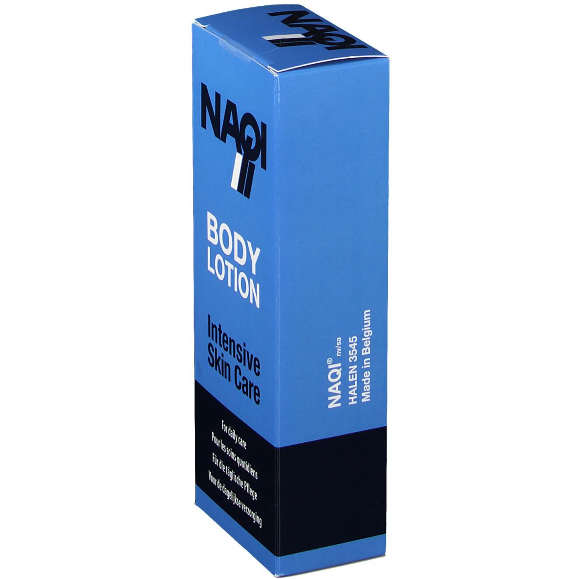 Emballage bleu avec logo "NAQI" et texte "Body Lotion". "Intensive Skin Care" et autres textes. Fabriqué en Belgique.