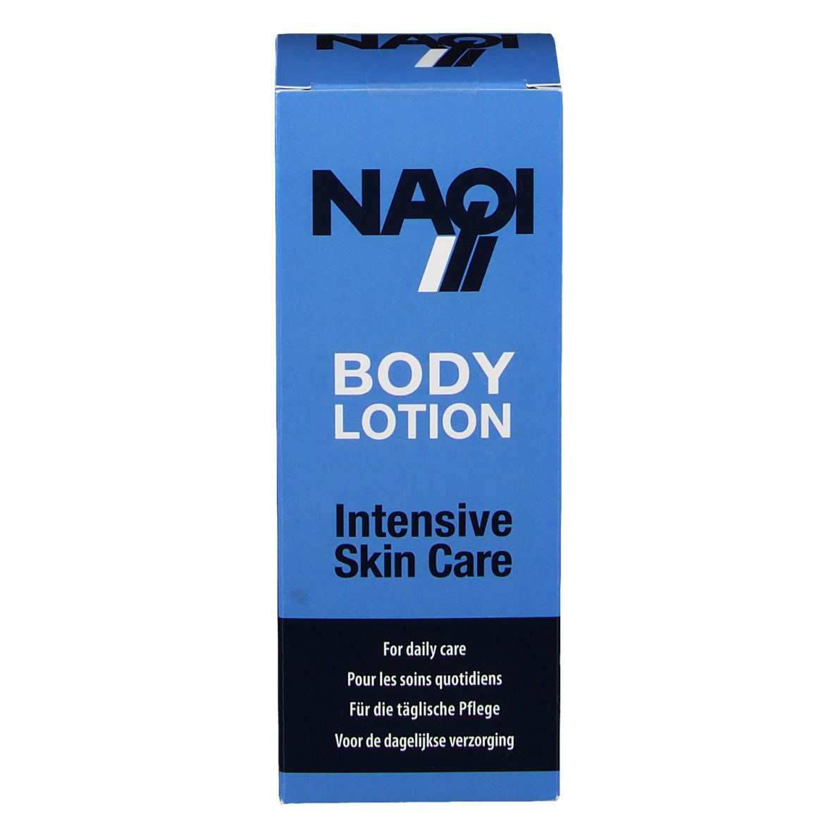 Emballage bleu avec logo "NAQI" et texte "Body Lotion". "Intensive Skin Care" et autres textes en plusieurs langues.