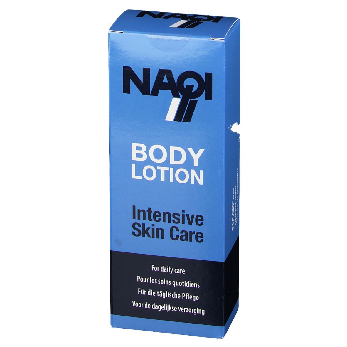 Emballage bleu avec logo "NAQI" et texte "Body Lotion". "Intensive Skin Care" et autres textes en plusieurs langues.
