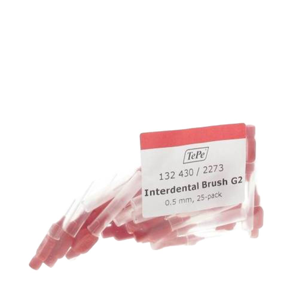 Rode tandenstokers. Verpakking van 25 stuks. Opschrift: Interdental Brush G2, 0,5 mm. Merk TePe.