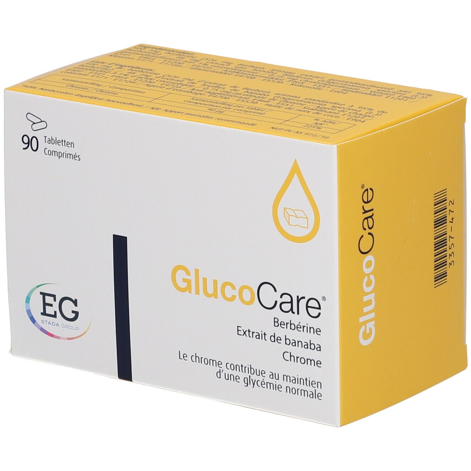 Glucocare-verpakking met 90 tabletten. Bevat berberine, banaba-extract en chroom. EG-logo. Geel-witte doos.