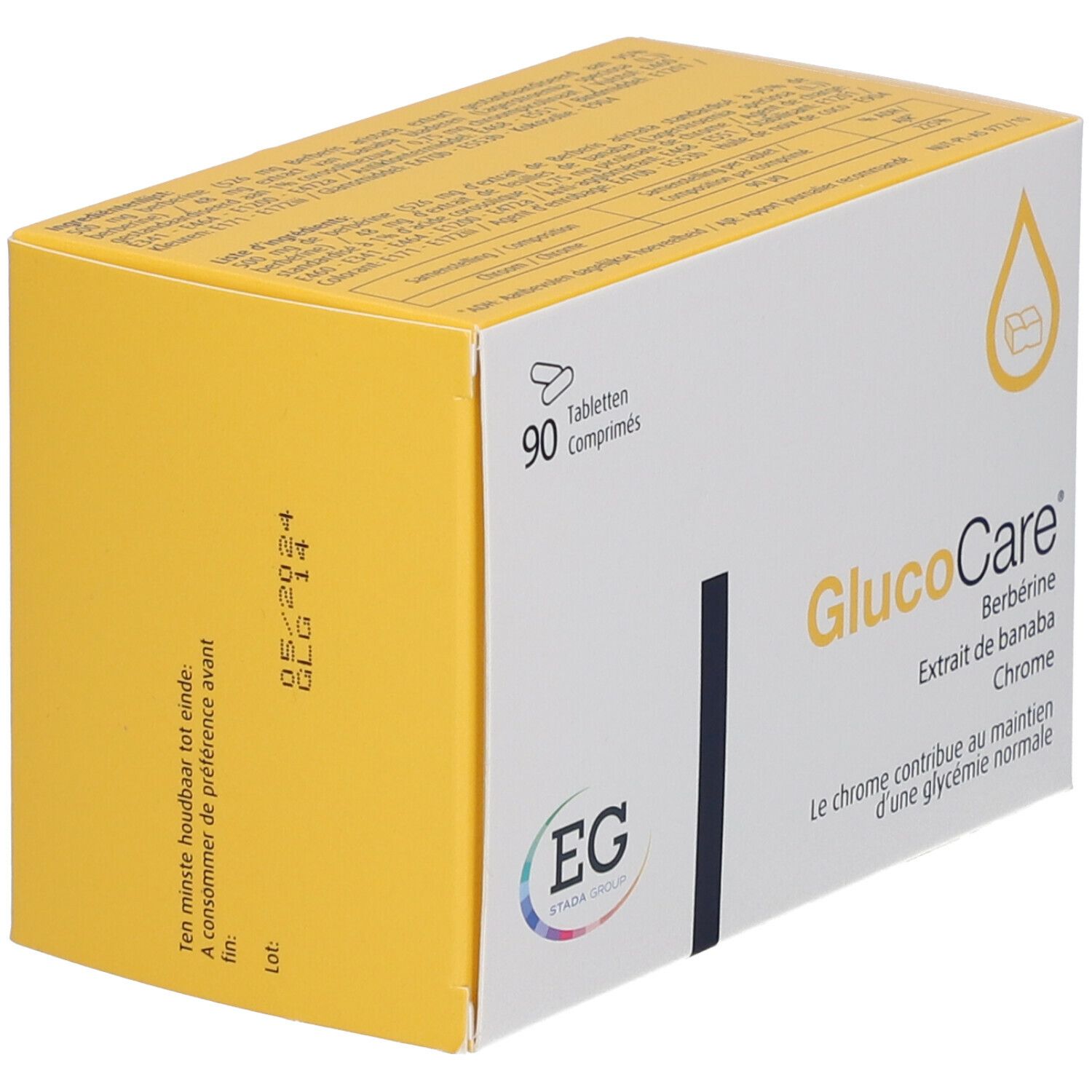 Glucocare-verpakking, 90 tabletten. Bevat berberine, banaba-extract, chroom. EG-logo. Houdbaarheidsdatum 05/2024. Geel-witte doos.