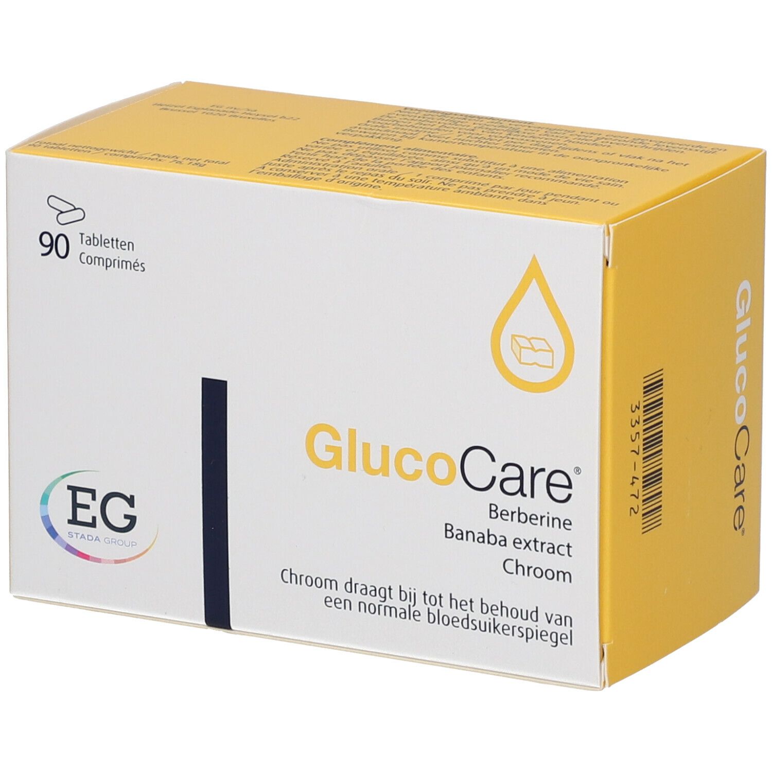 Glucocare-verpakking met 90 tabletten. Bevat berberine, banaba-extract en chroom. EG-logo. Geel-witte doos.