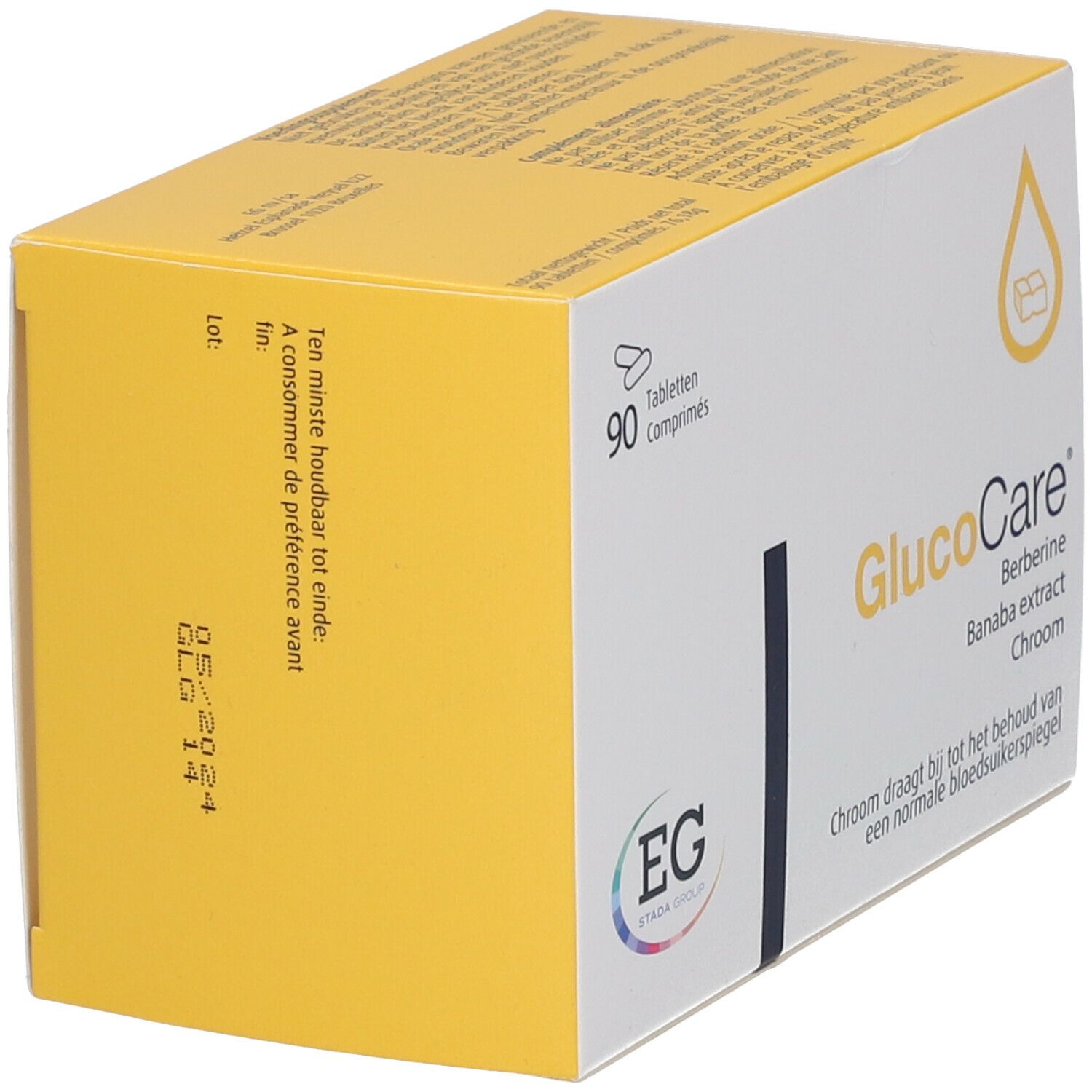 Glucocare-verpakking, 90 tabletten. Bevat berberine, banaba-extract, chroom. EG-logo. Houdbaarheidsdatum 05/2024. Geel-witte doos.