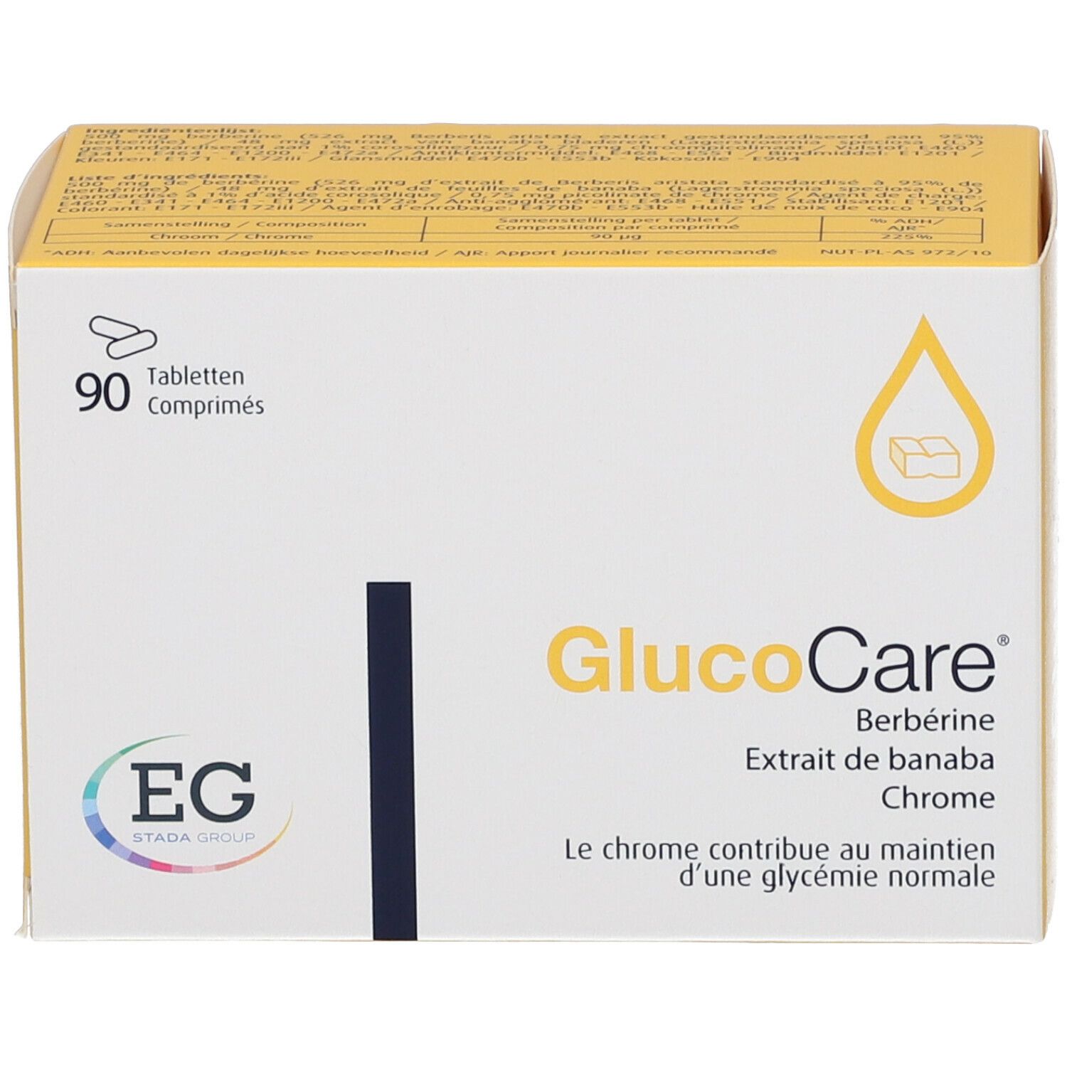 Glucocare-verpakking met 90 tabletten. Bevat berberine, banaba-extract en chroom. EG-logo. Geel-witte doos.