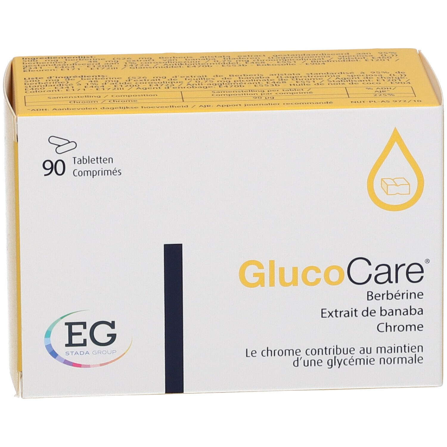 Glucocare-verpakking met 90 tabletten. Bevat berberine, banaba-extract en chroom. EG-logo. Geel-witte doos.