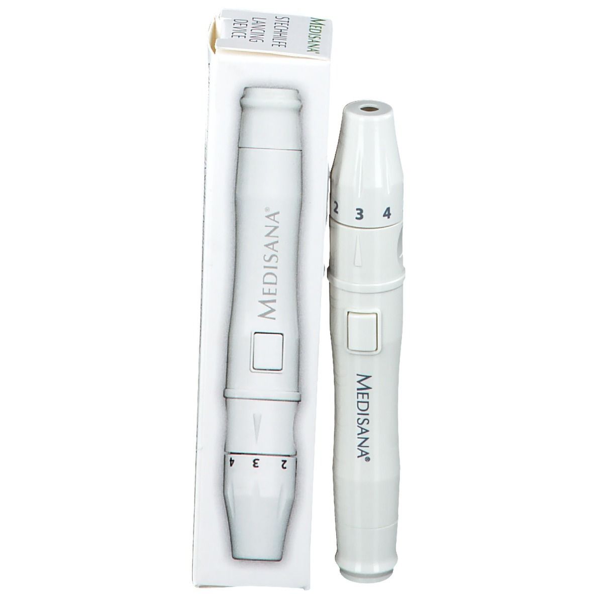 Witte injectiepen en verpakking. Merk Medisana.