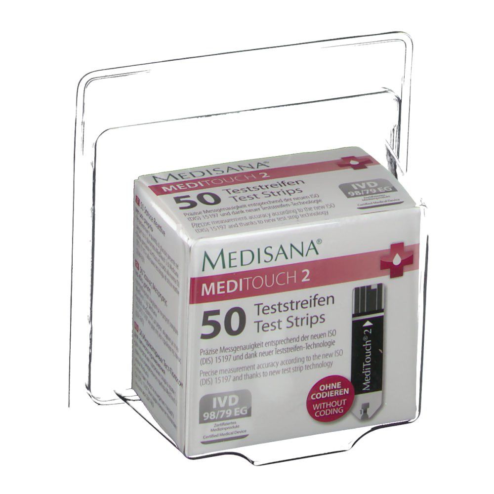 Verpakking van 50 Medisana Meditouch 2 teststrips. In transparante plastic verpakking. Opschriften: merk, productnaam, aantal, certificering.