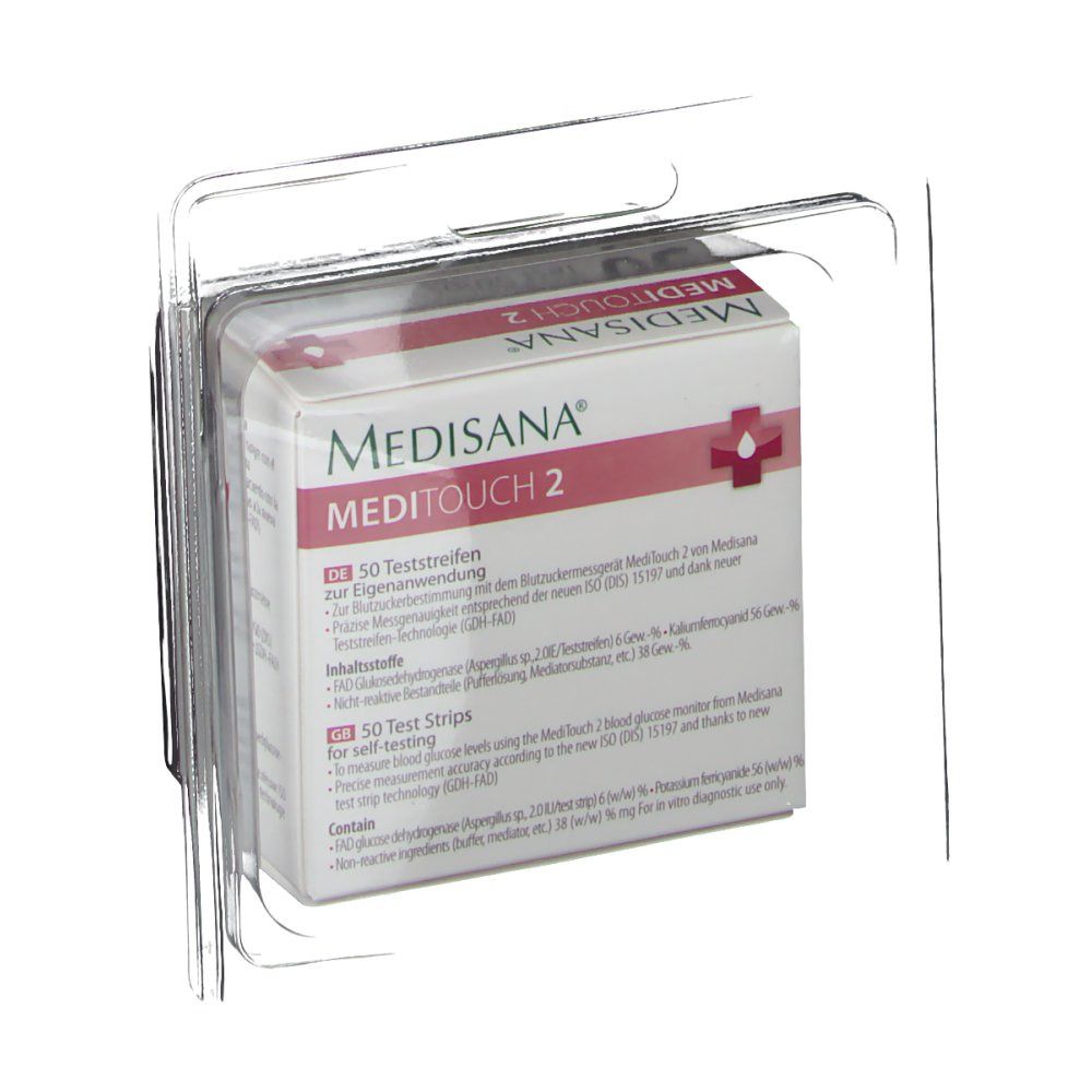 Verpakking Medisana Meditouch 2 teststrips in transparante plastic verpakking. Opschriften: merk, productnaam, aantal, certificering.