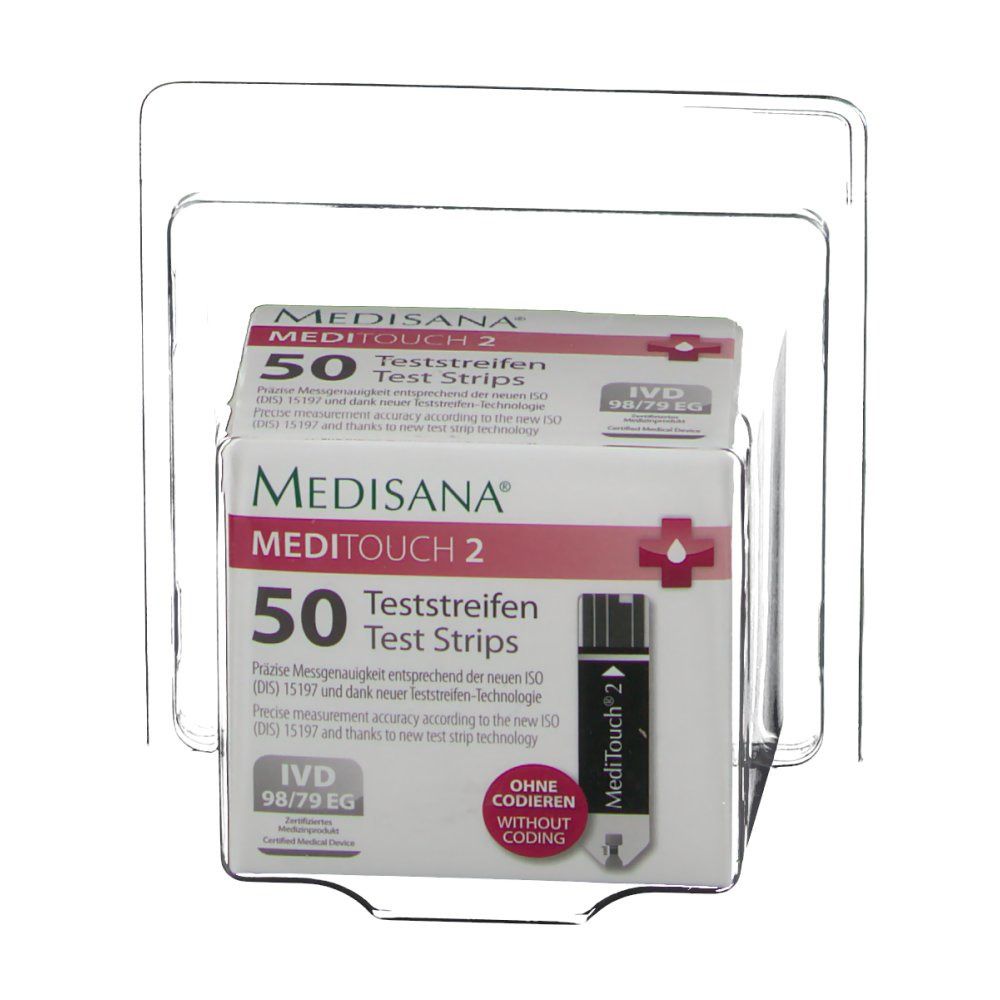 Verpakking van 50 Medisana Meditouch 2 teststrips. In transparante plastic verpakking. Opschriften: merk, productnaam, aantal, certificering.