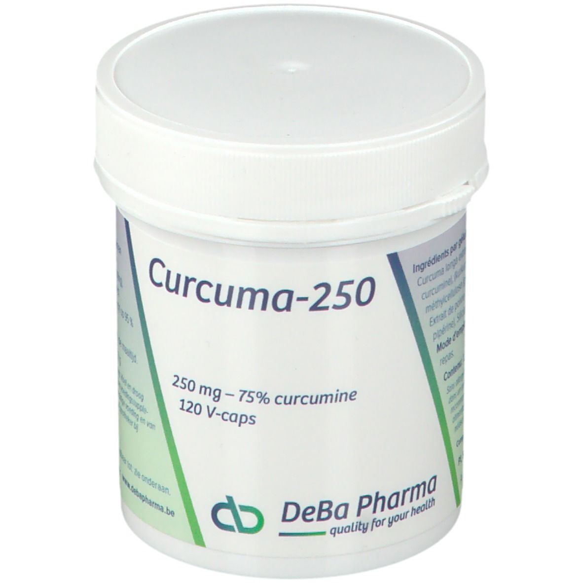 Pot blanc avec couvercle. Inscription Curcuma-250, 250 mg, 120 V-caps. Logo DeBa Pharma.