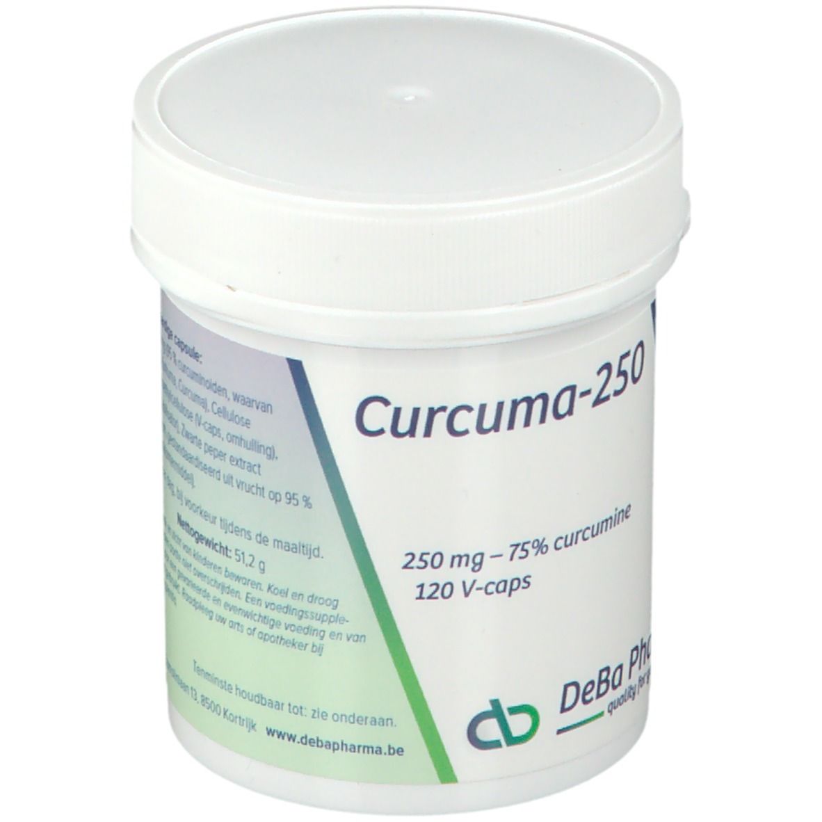 Pot blanc avec couvercle. Inscription Curcuma-250, 250 mg, 120 V-caps. Logo DeBa Pharma.
