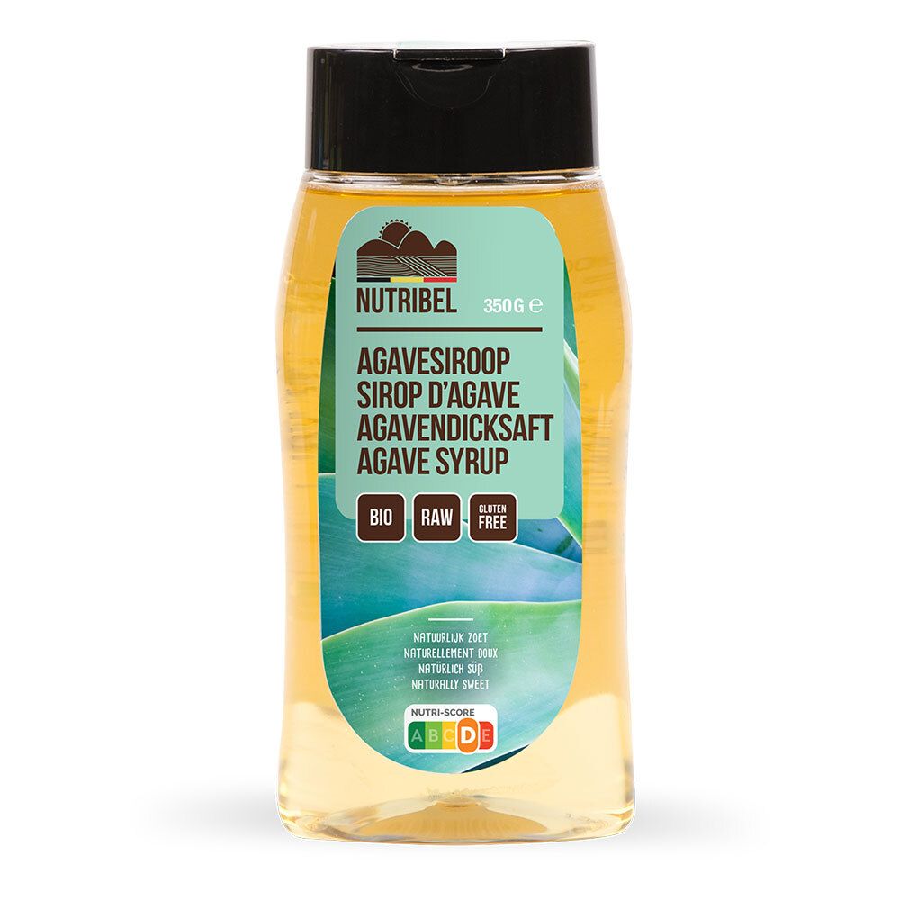 Bouteille de sirop d'agave. Étiquette avec logo, nom du produit, poids et certifications. BIO, RAW, SANS GLUTEN.