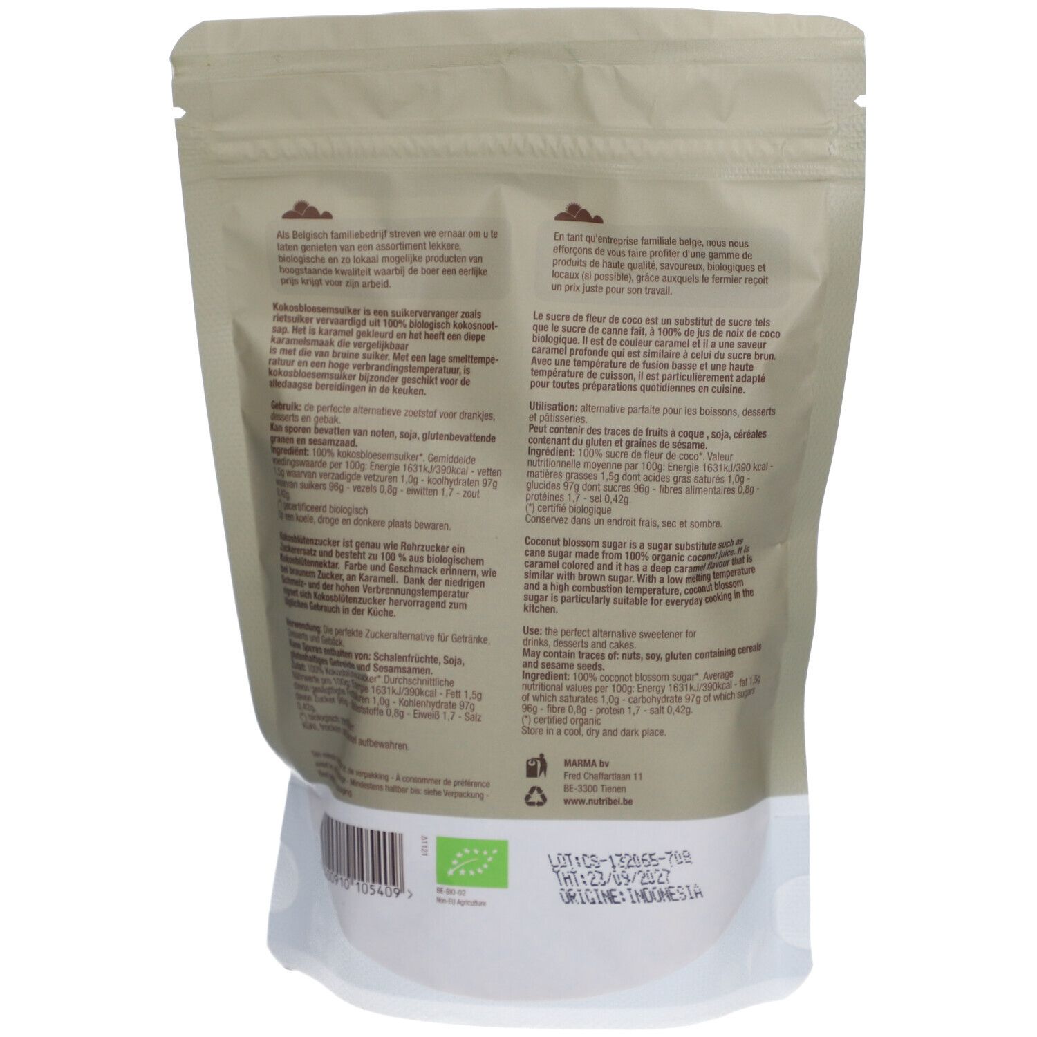 Rückseite der Verpackung von Nutribel Bio Kokosblütenzucker. Text mit Nährwertangaben, Bio-Zertifizierung und Herkunft.