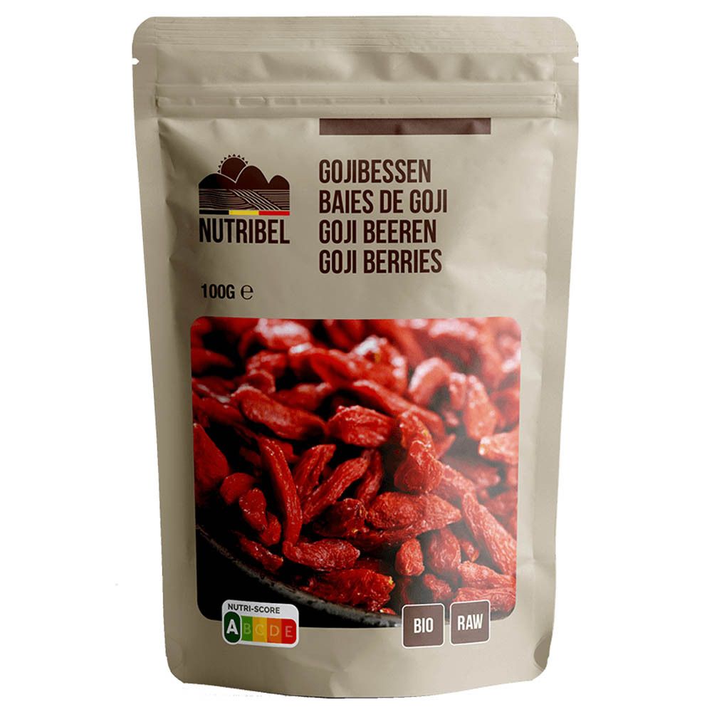 Beutel mit Goji-Beeren. Sichtbares Fenster mit roten Beeren. Marke Nutribel, Logo und Text.