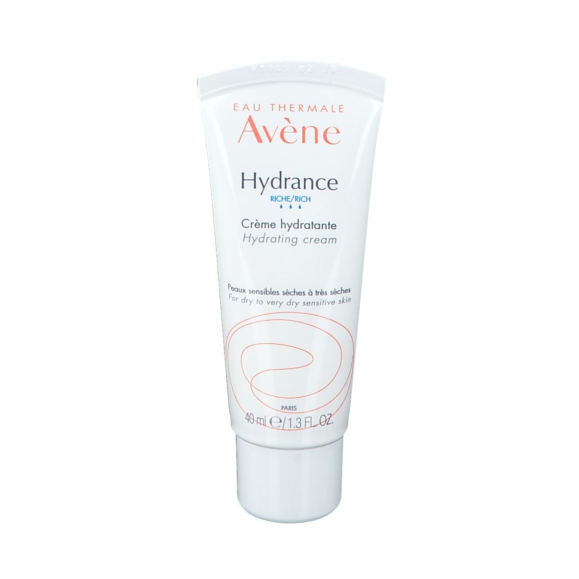 Weiße Tube mit Avène Hydrance Creme. Text in Orange und Schwarz. 40 ml.
