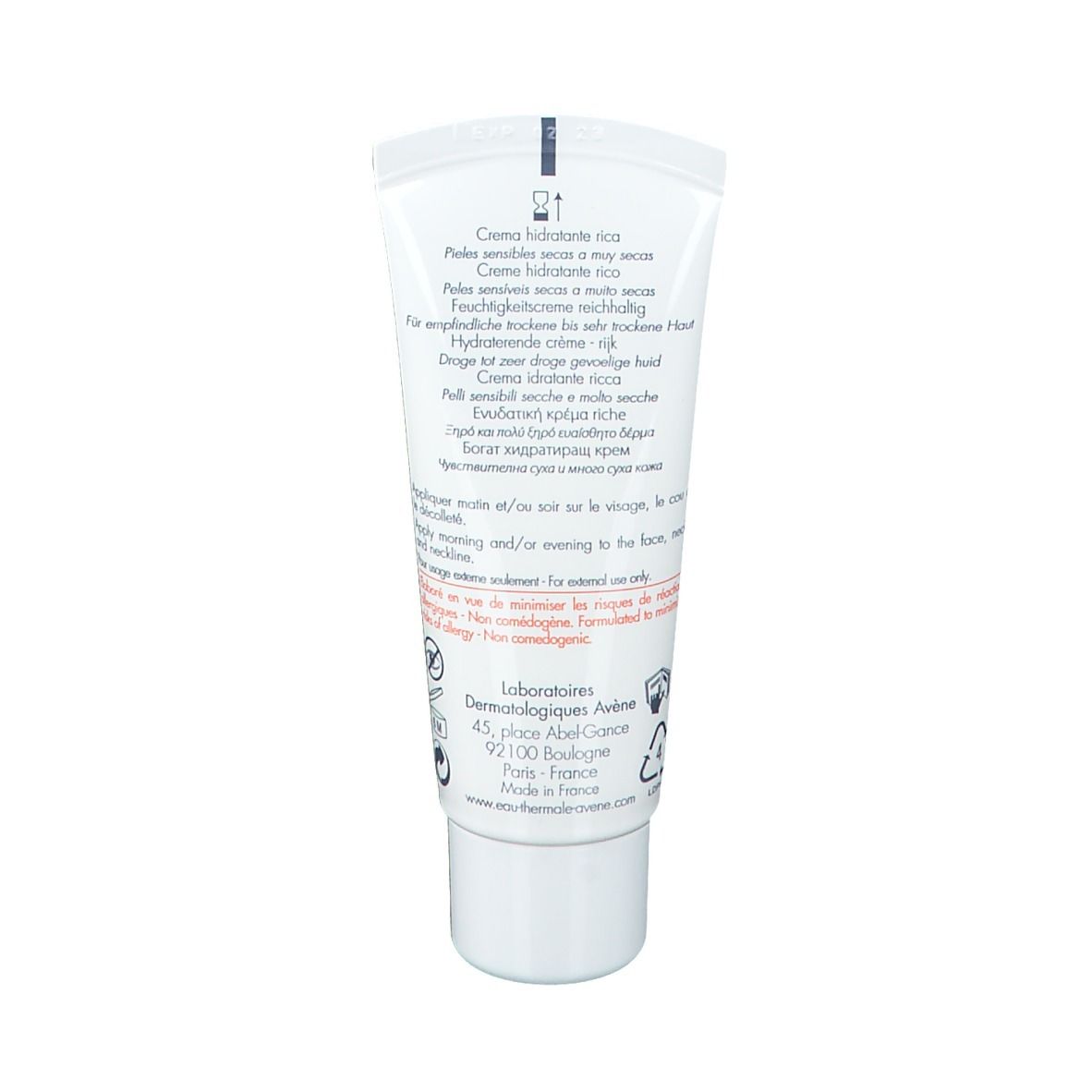 Rückseite der weißen Tube Avène Hydrance. Text in mehreren Sprachen. Adresse.