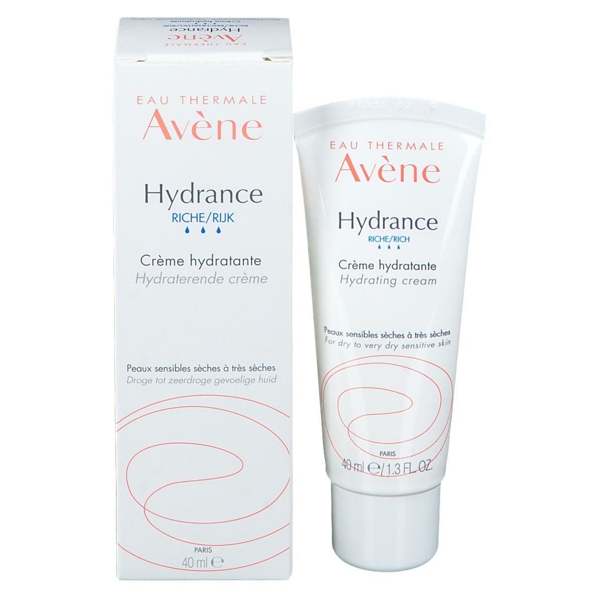 Avène Hydrance Creme und Verpackung. Weiße Schachtel und Tube. Text in Orange und Schwarz.