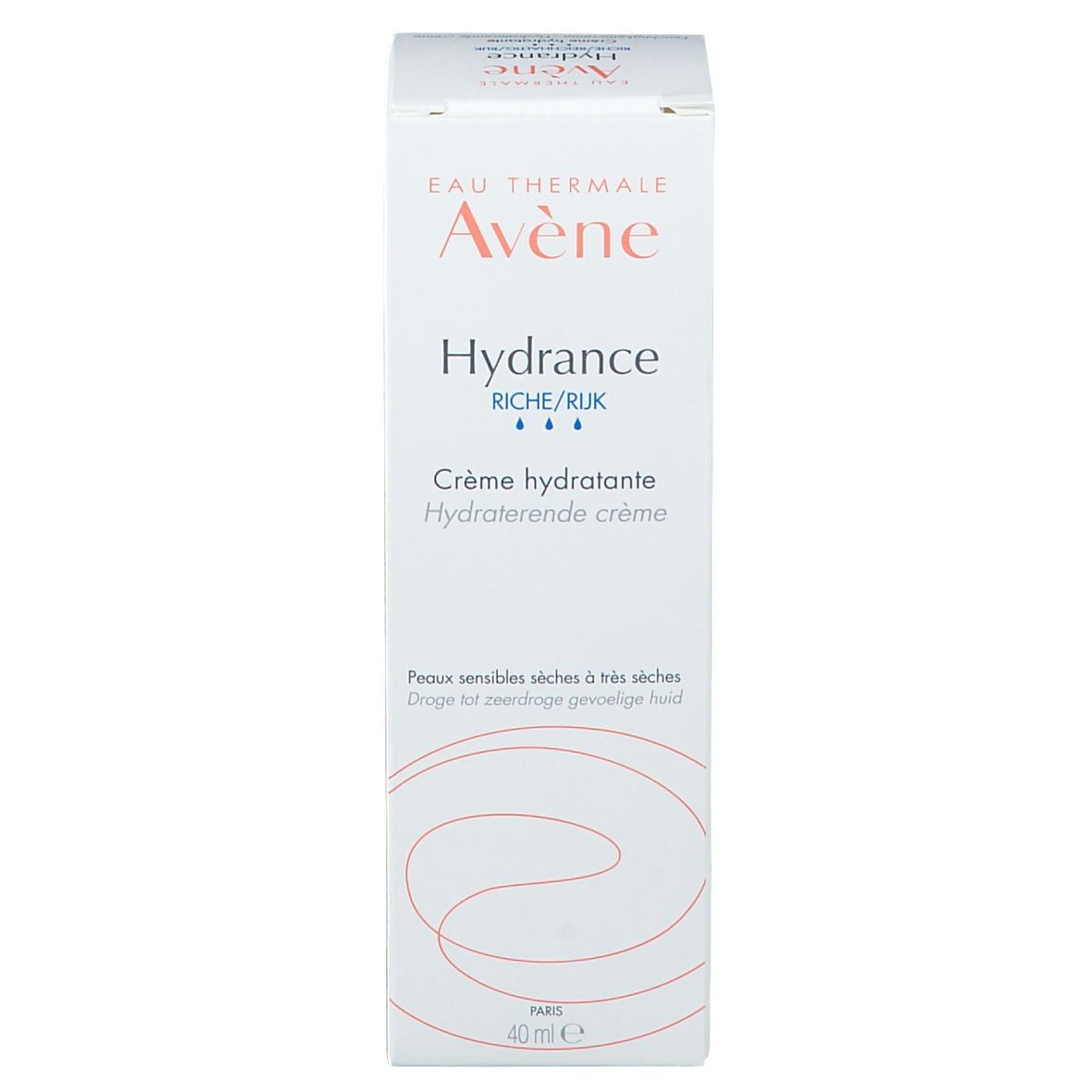 Weiße Schachtel mit Avène Hydrance Creme. Text in Orange und Schwarz. 40 ml.