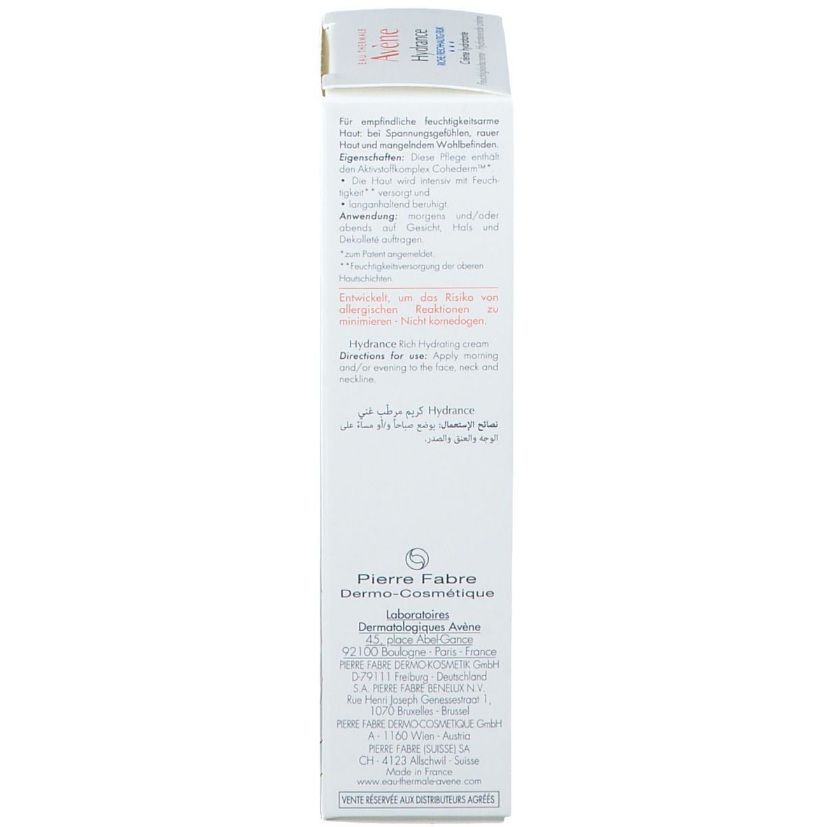 Weiße Schachtel mit Text in mehreren Sprachen. Avène Hydrance. Anwendungsanweisungen.