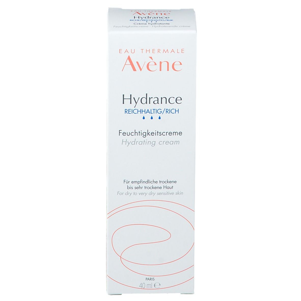Weiße Schachtel mit Avène Hydrance reichhaltig Feuchtigkeitscreme. Text in Orange und Schwarz.