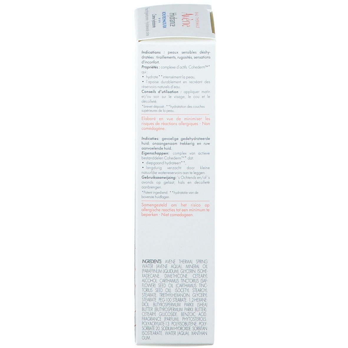 Rückseite der weißen Schachtel Avène Hydrance. Text in mehreren Sprachen. Inhaltsstoffe.