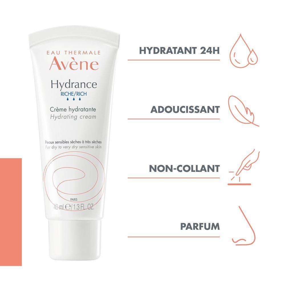Tube blanc Avène Hydrance. Texte en français. Crème hydratante. 40 ml.