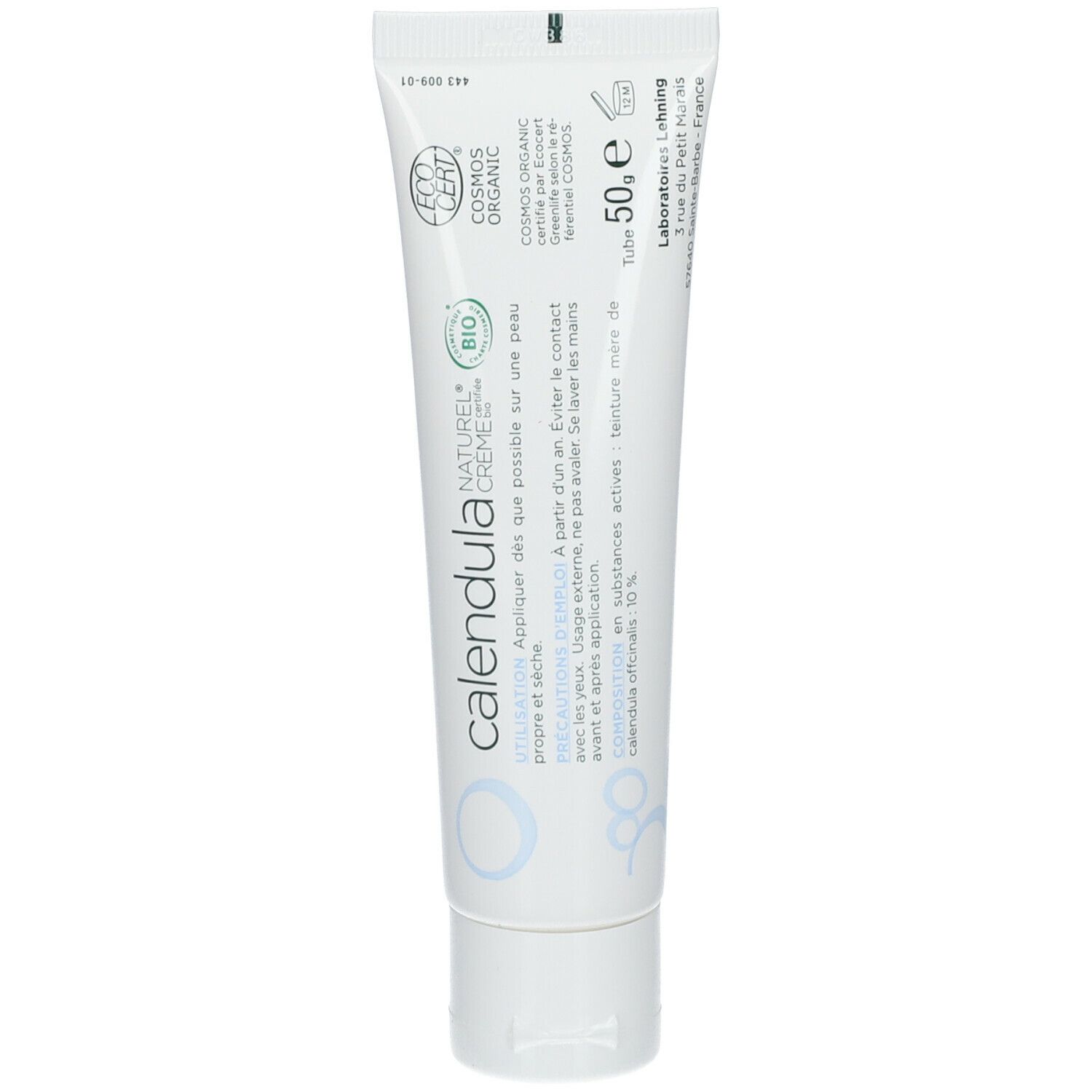 Crèmetube met tekst: Calendula, Naturel, Crème. Certificering: Bio. Merk: Lehning. Inhoud: 50g.