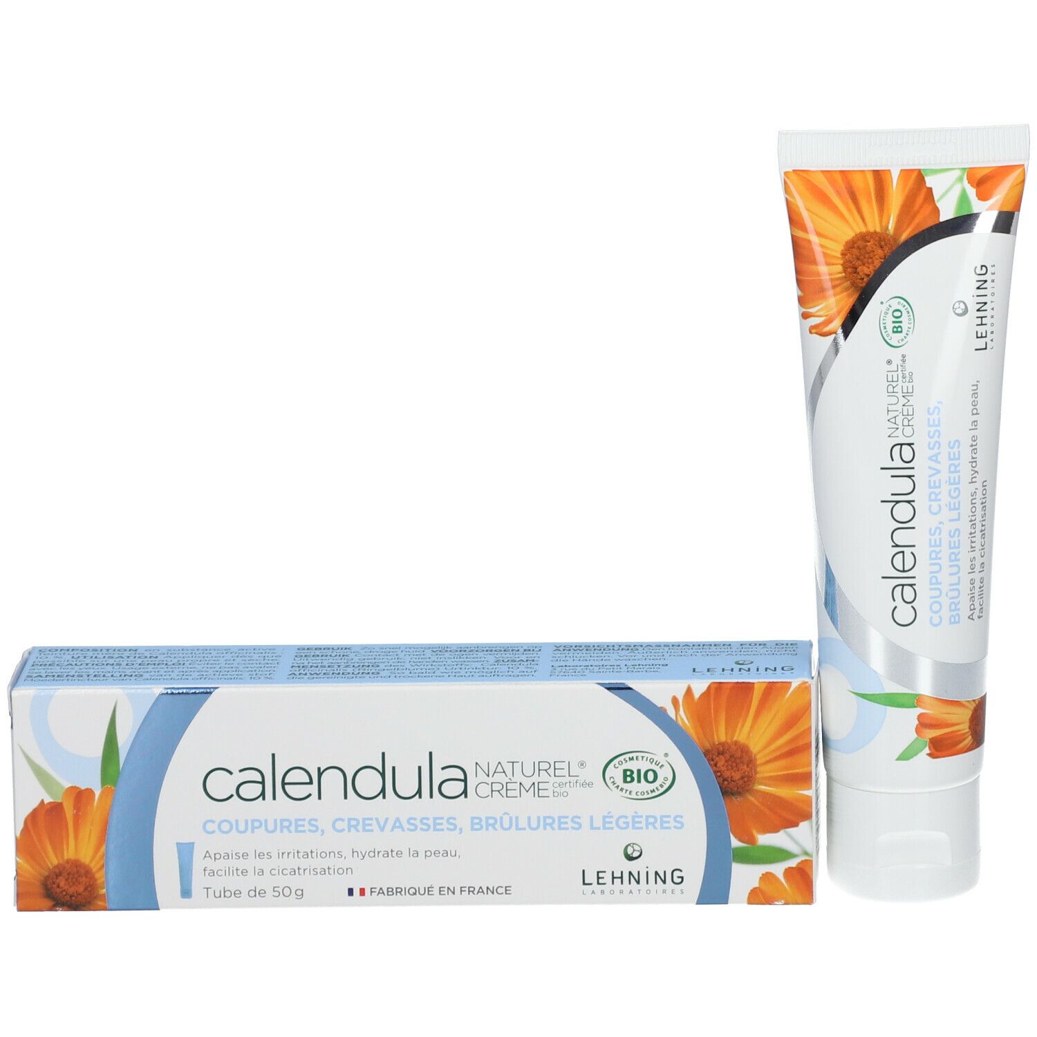 Crèmetube en doos. Tekst: Calendula, Coupures, Crévasses, Brûlures légères. Merk: Lehning. Bio-certificering.