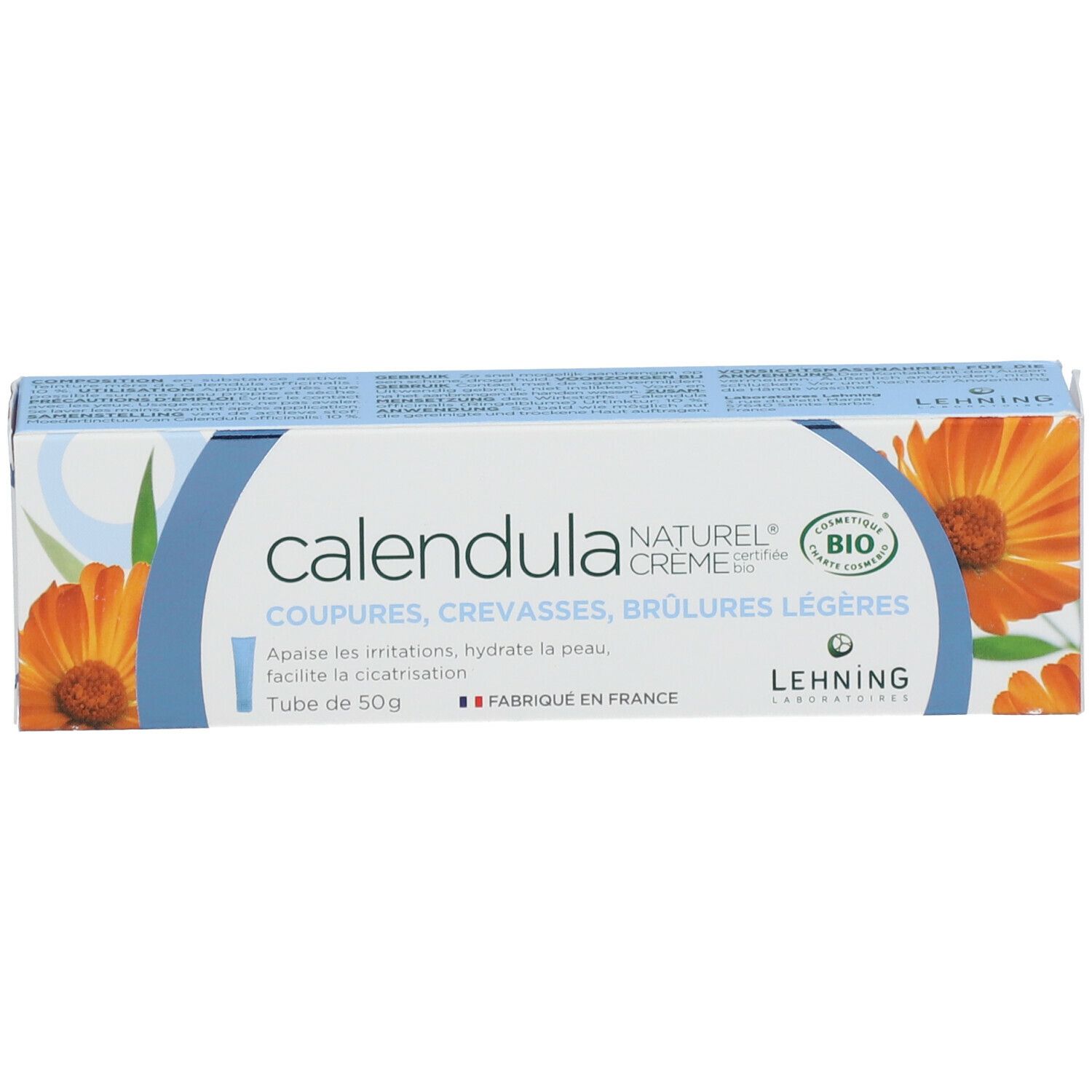 Doos met tekst: Calendula, Coupures, Crévasses, Brûlures légères. Merk: Lehning. Bio-certificering.