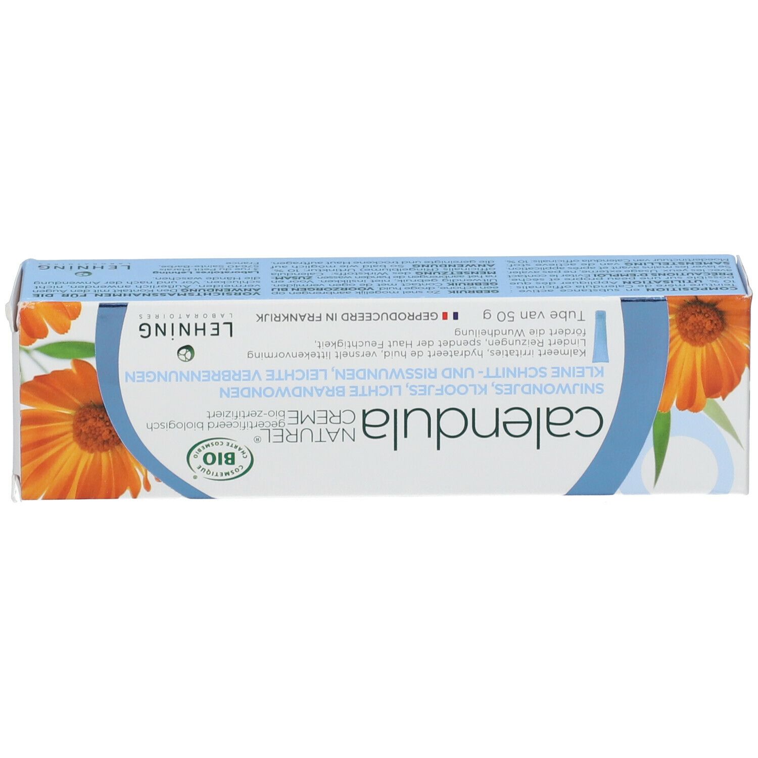 Doos met tekst: Calendula, kleine snijwonden, lichte brandwonden. Merk: Lehning. Bio-certificering.
