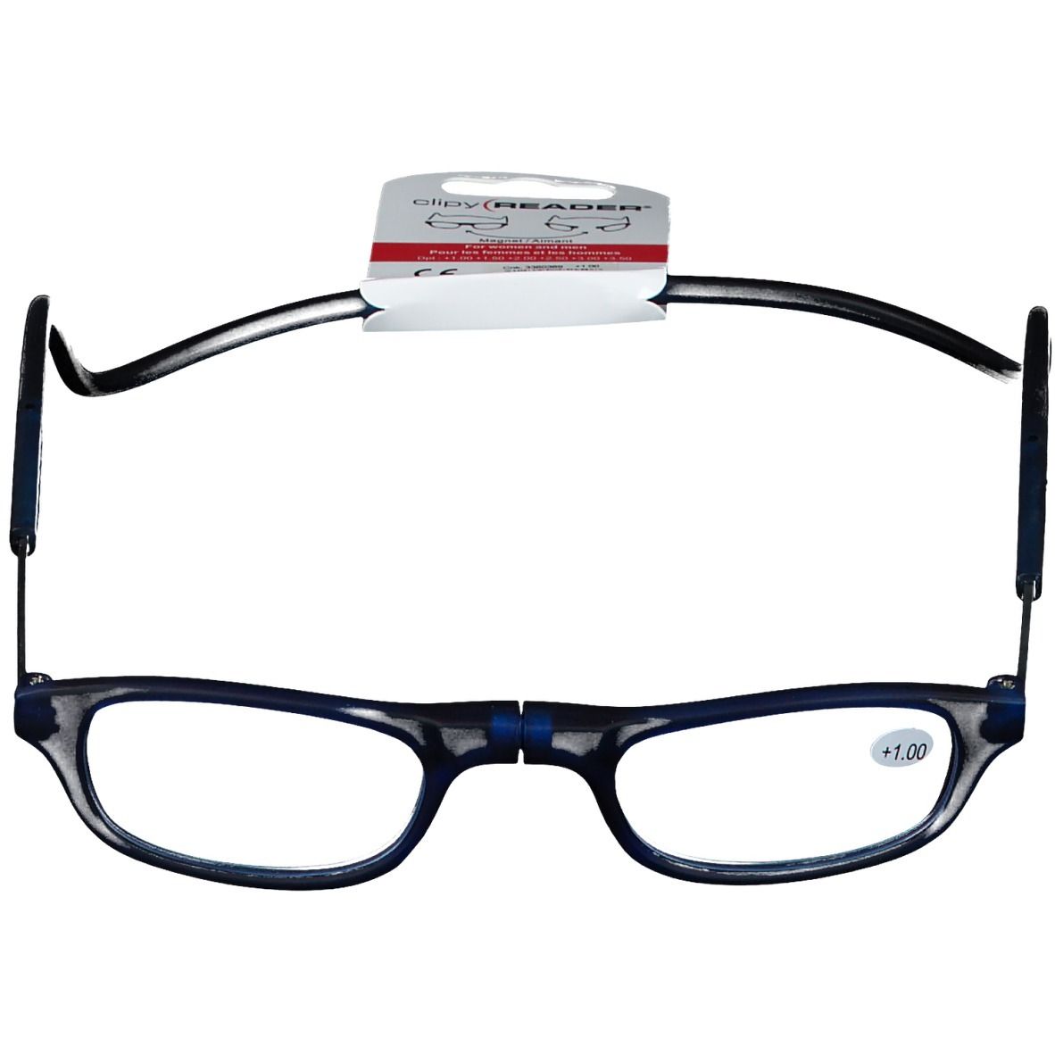Opvouwbare leesbril, zwart montuur, +1.00 dioptrie. Label met "Clipy READER".