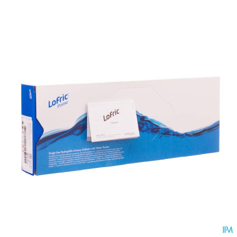 Kartonnen verpakking met productzakje. Opschrift "Lofric Primo". Blauwe golfpatronen. Tekst: "Single use hydrophilic urinary catheter with water pocket".