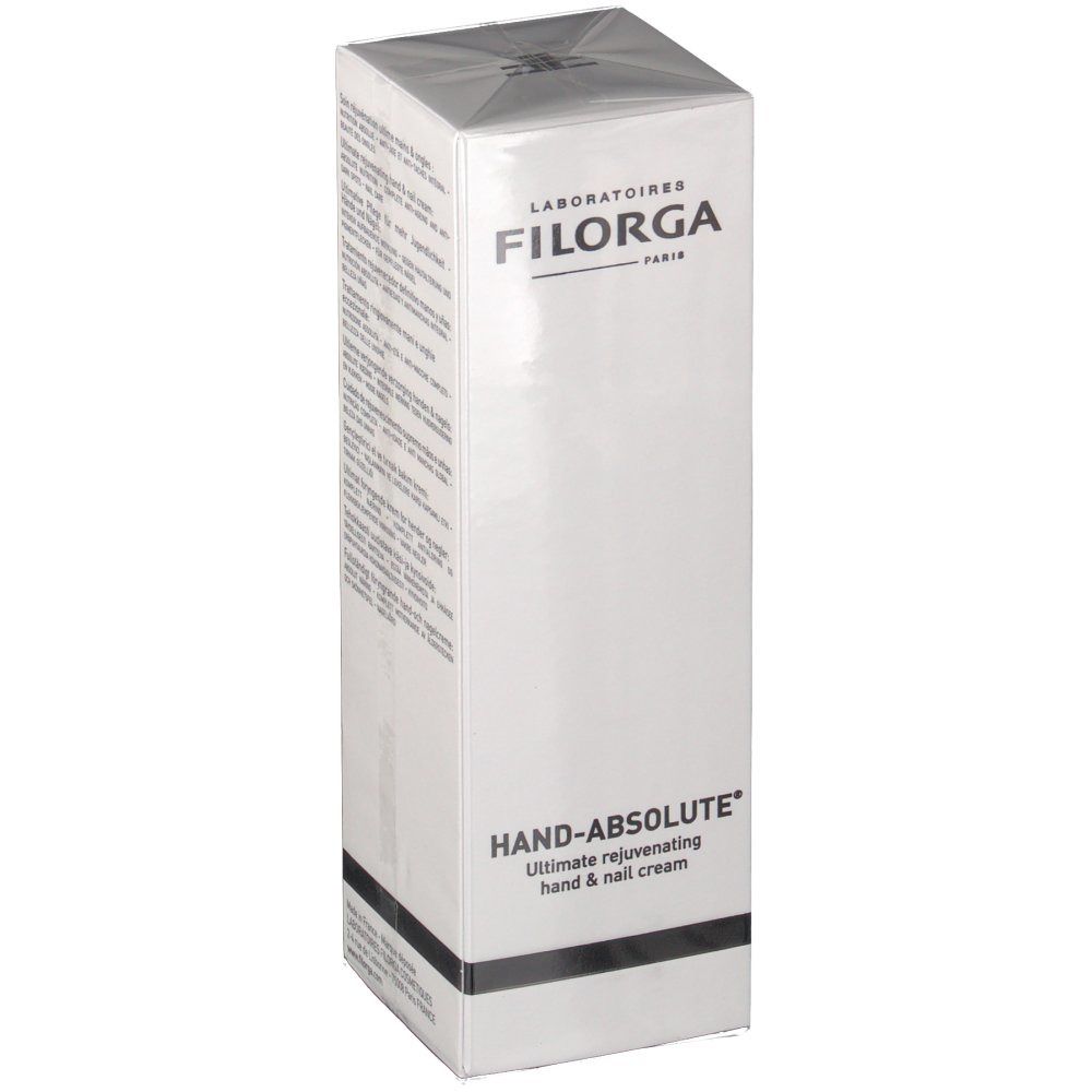Emballage blanc avec nom du produit et logo. Texte: HAND-ABSOLUTE, Ultimate rejuvenating hand & nail cream.