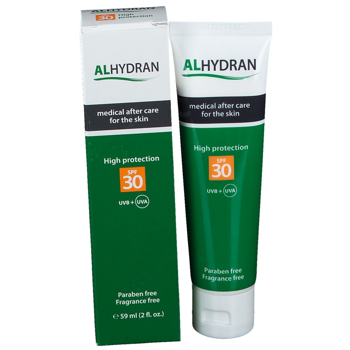 Productverpakking met tube en doos. Opschrift ALHYDRAN, medische huidverzorging, SPF 30, vrij van parabenen en parfum.