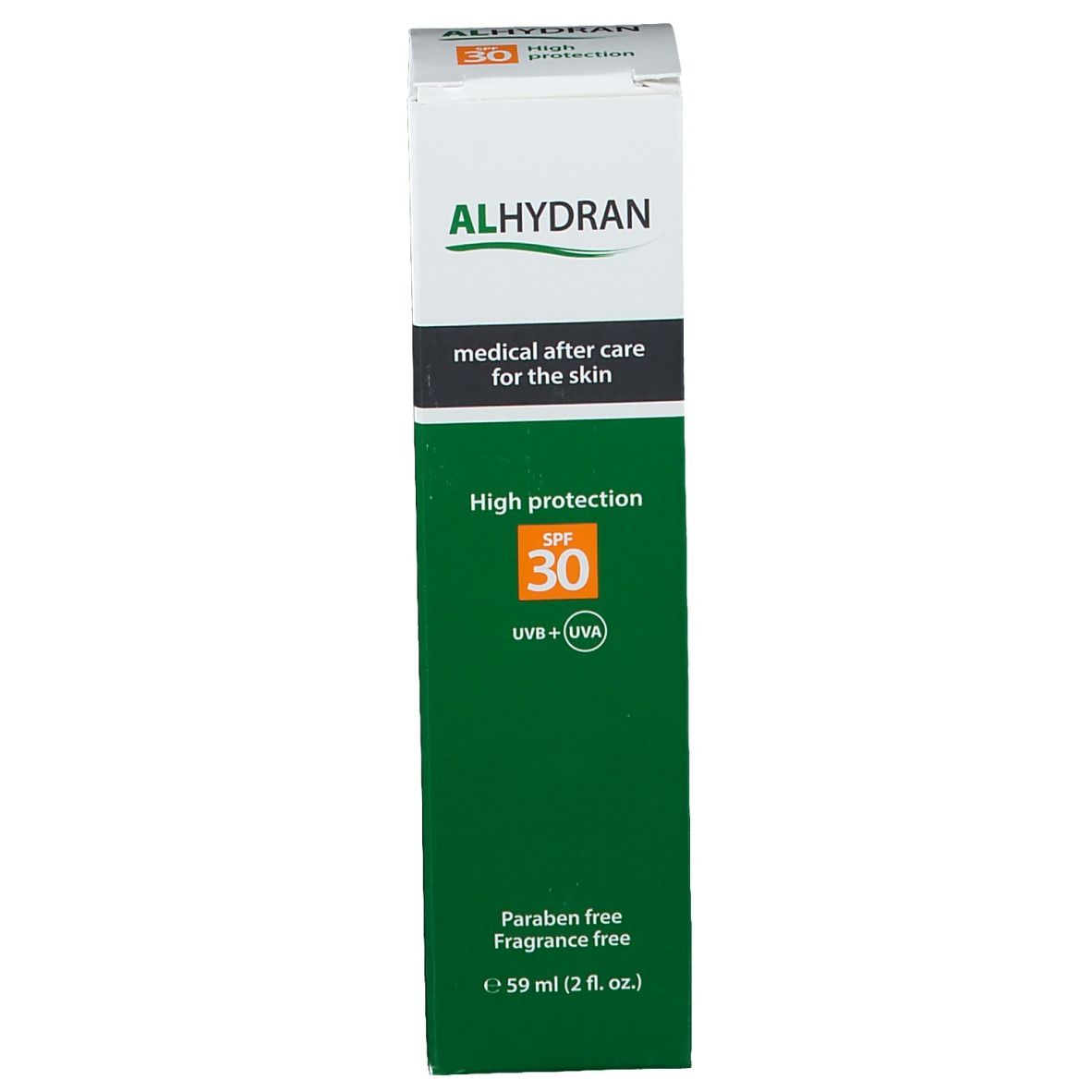 Doos met ALHYDRAN-opdruk. Bevat informatie over medische huidverzorging, SPF 30, vrij van parabenen en parfum.