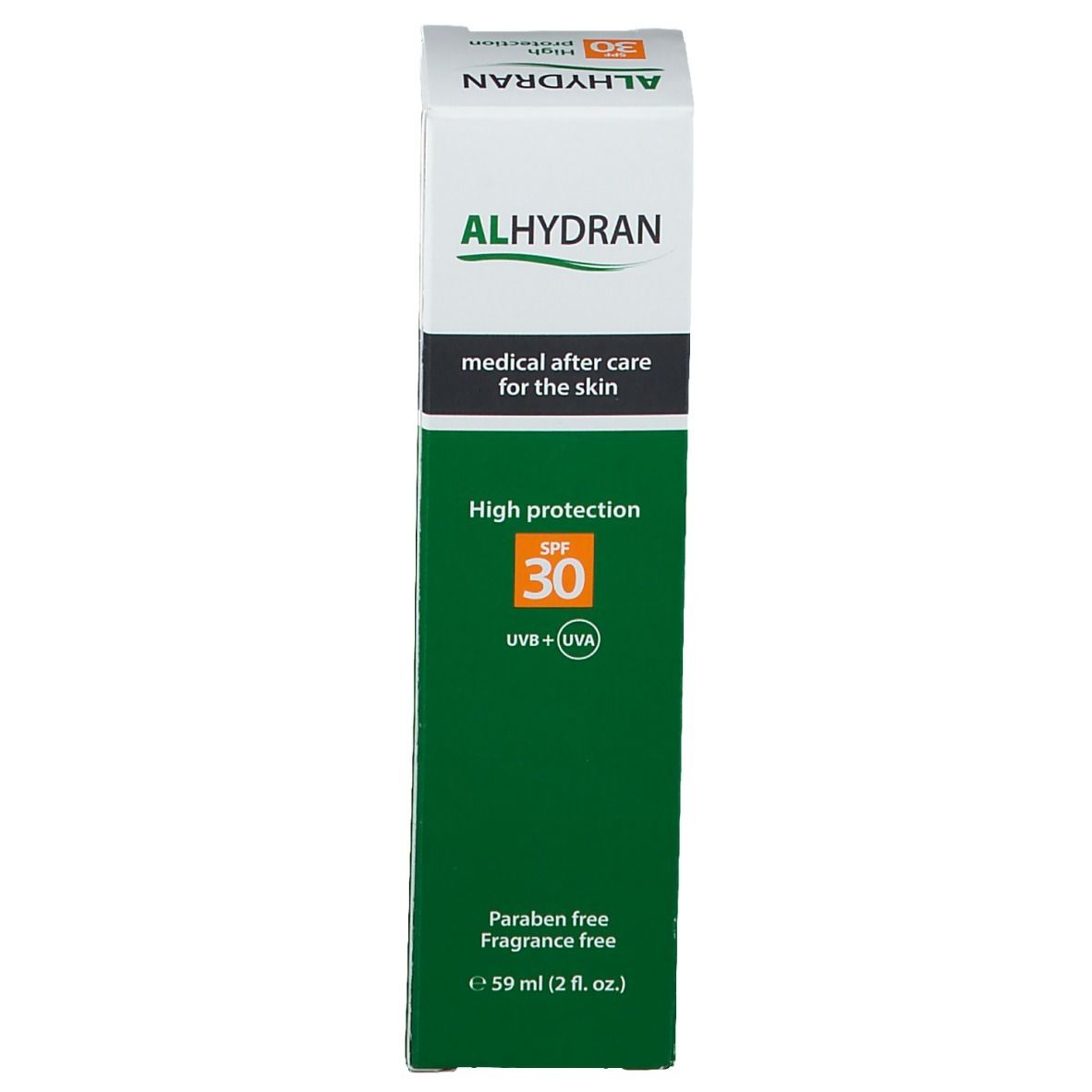 Voorkant van de doos. Opschrift ALHYDRAN, medische huidverzorging, SPF 30, vrij van parabenen en parfum.
