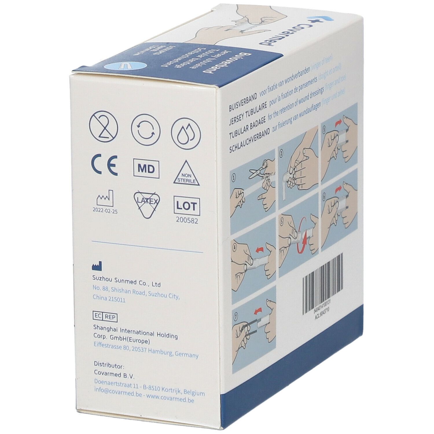 Côté de l'emballage Covarmed. Inscriptions : Jersey tubulaire, Tubular bandage, Schlauchverband. Marquage CE, marquage MD, sans latex.