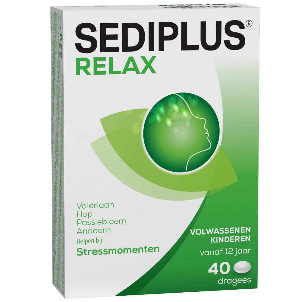 Boîte de SEDIPLUS RELAX. Design vert et blanc. Contient 40 dragées. Pour adultes et enfants dès 12 ans. Contient de la valériane.