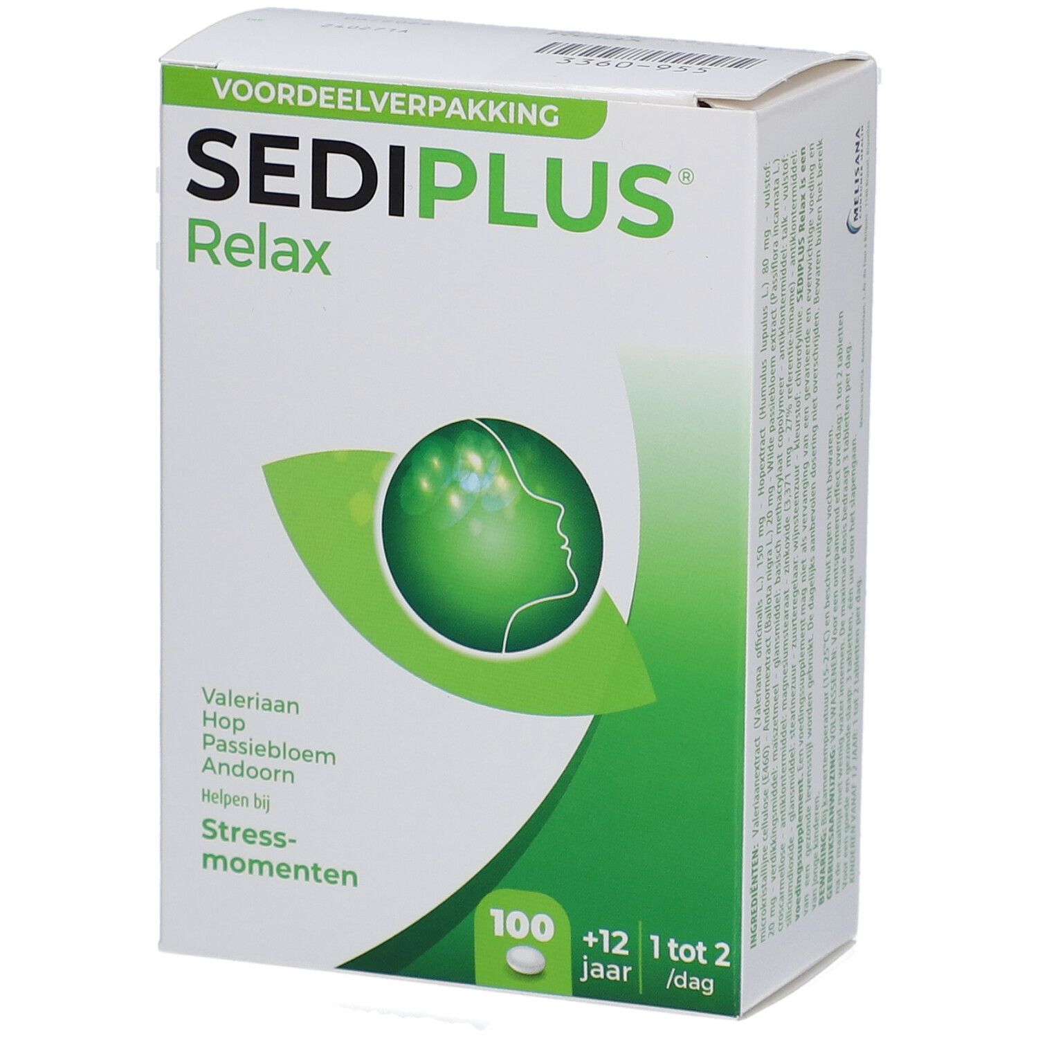 Boîte blanche avec logo vert et texte. "Sediplus Relax" et "Stress-momenten" sont visibles. 100 comprimés, à partir de 12 ans.