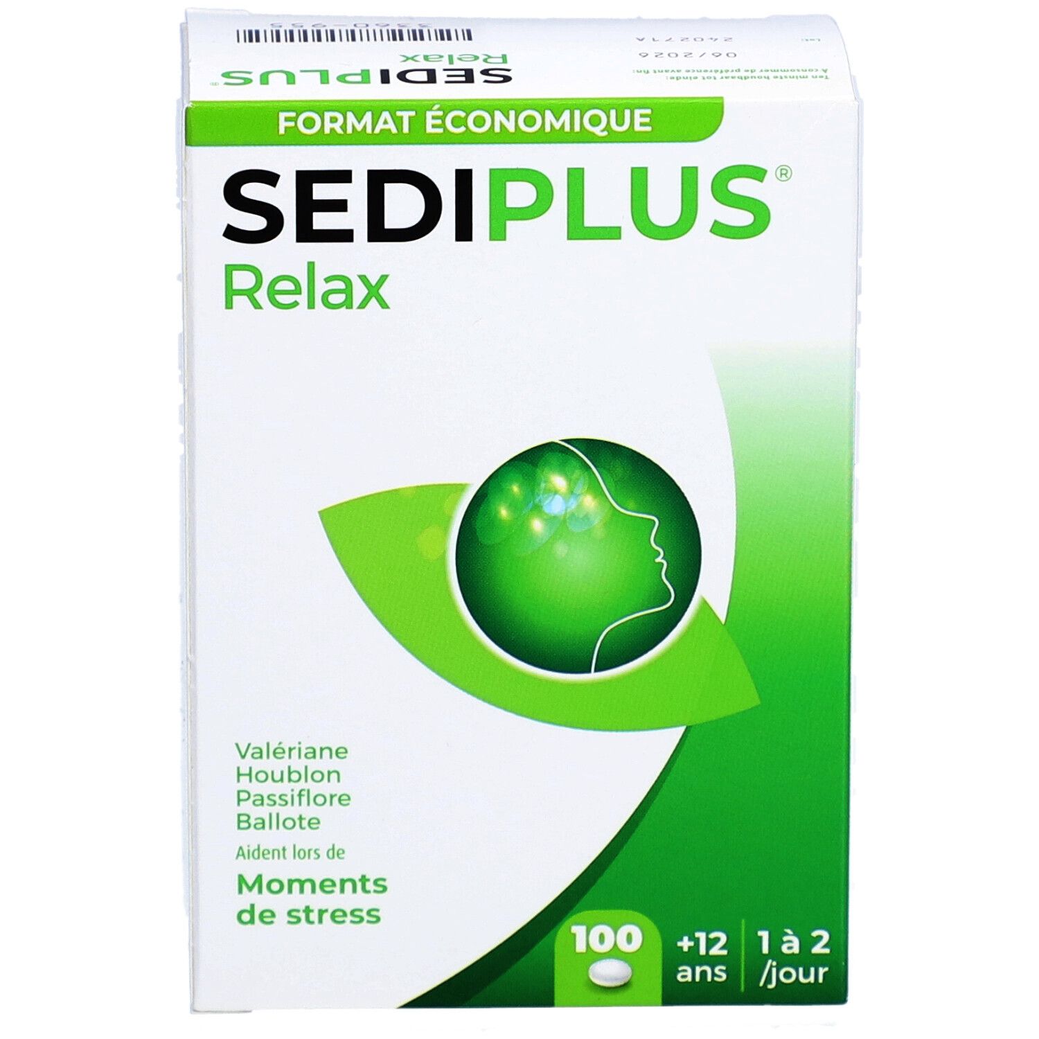 Boîte blanche avec logo vert et texte. "Sediplus Relax" et "Moments de stress" sont visibles. 100 comprimés, à partir de 12 ans.