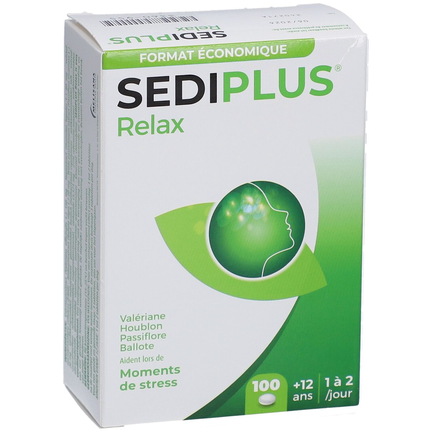 Boîte blanche avec logo vert et texte. "Sediplus Relax" et "Moments de stress" sont visibles. 100 comprimés, à partir de 12 ans.