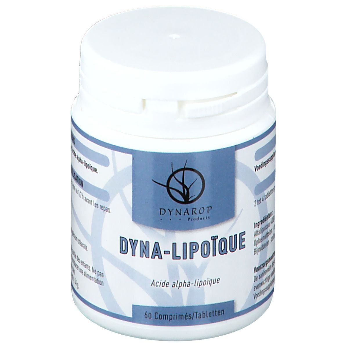 Flacon blanc avec étiquette bleue. Inscription: DYNAROP Dyna-Lipoique, 60 comprimés. Logo: plante dans un cercle.