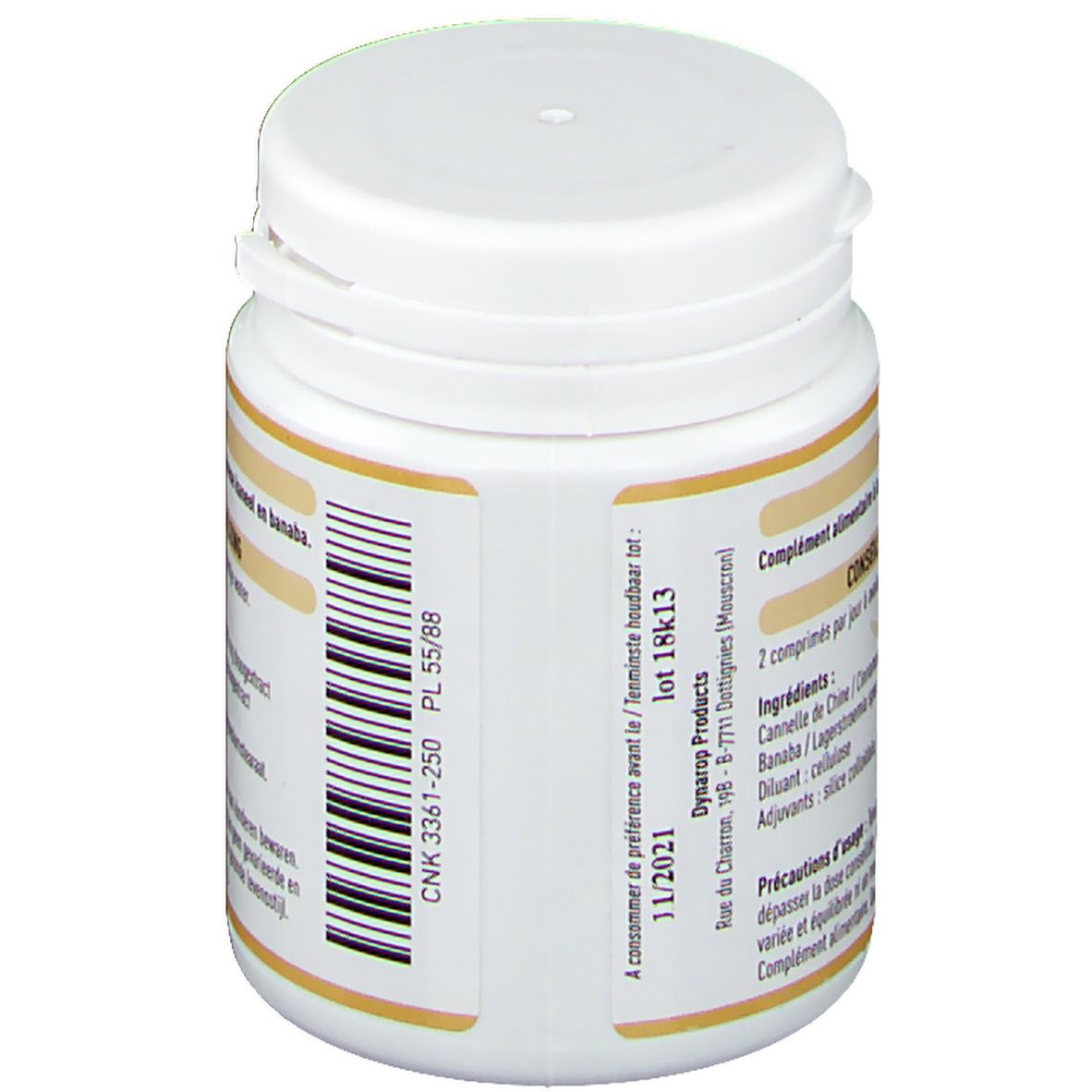 Achteraanzicht van de tablettenfles. Barcode en lotnummer. Ten minste houdbaar tot: 11/2021. Fabrikantenadres: Dynarop Products.