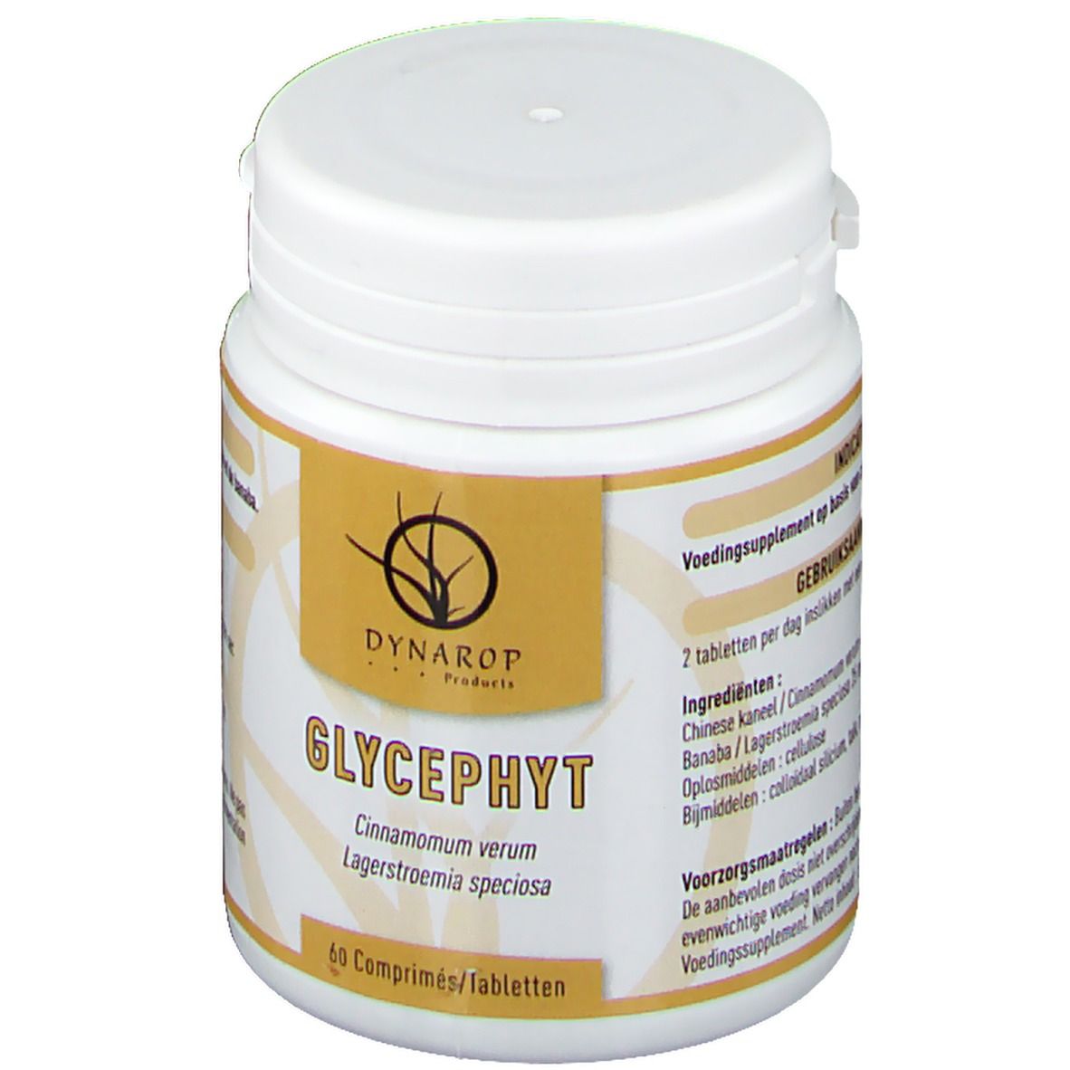 Witte tablettenfles met geel etiket. Opschrift: DYNAROP, GLYCEPHYT, 60 tabletten. Bevat kaneel en Lagerstroemia speciosa.