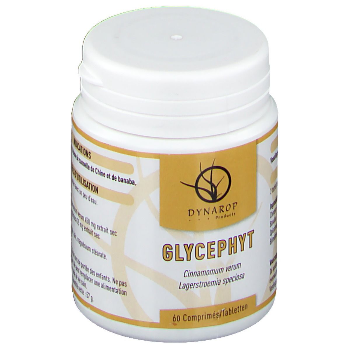 Witte tablettenfles met geel etiket. Opschrift: DYNAROP, GLYCEPHYT, 60 tabletten. Bevat kaneel en Lagerstroemia speciosa.